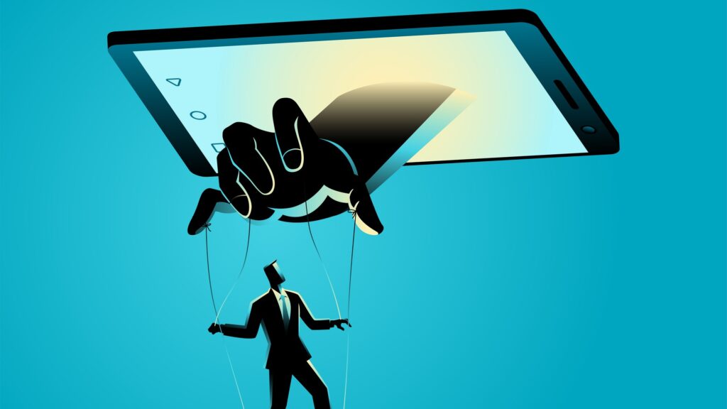 Illustrazione che rappresenta la dipendenza dai social media, un uomo manovrato come un burattino da uno smartphone